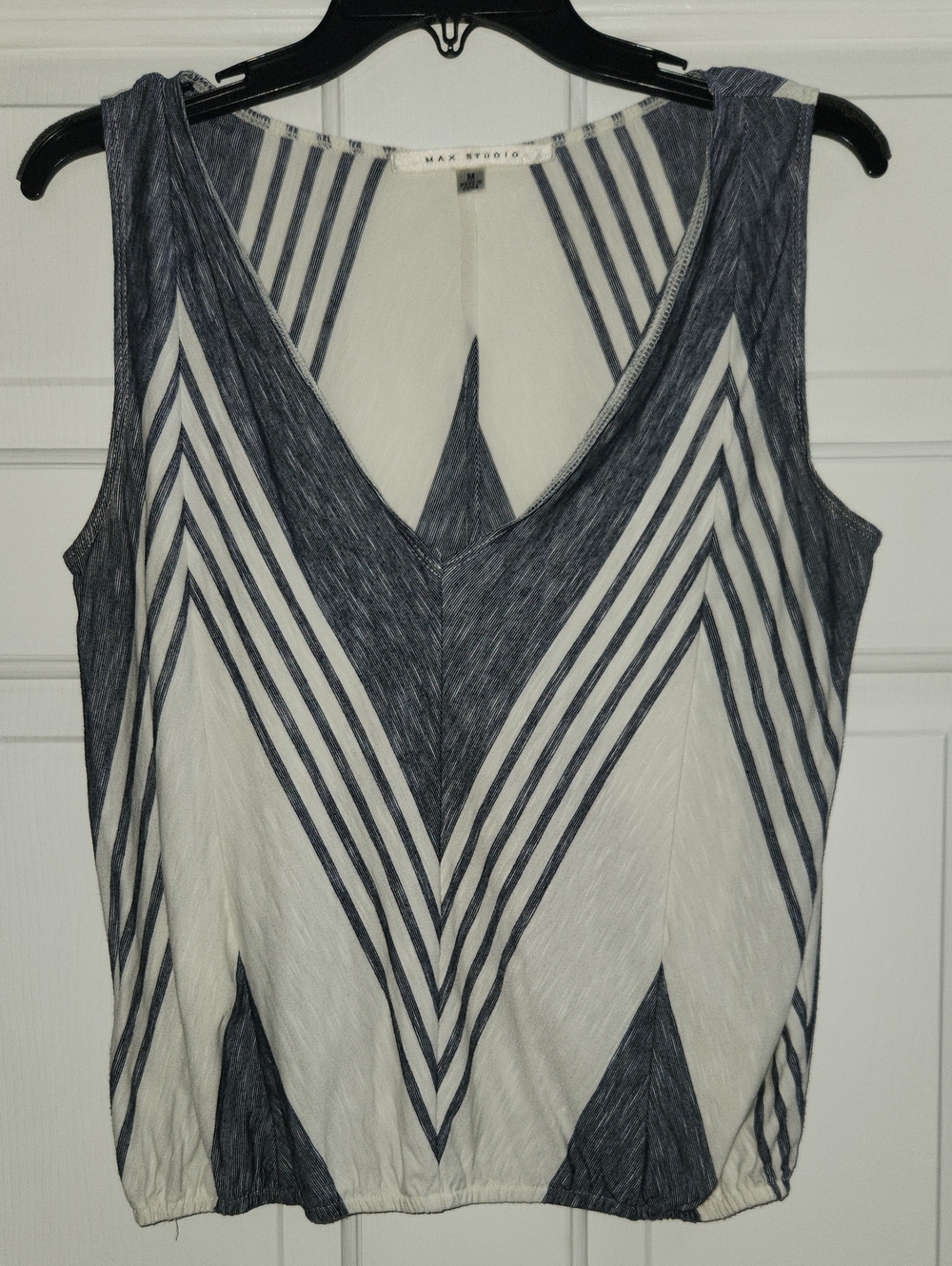 Max Studio Navy and White Chevron V-Neck Tank